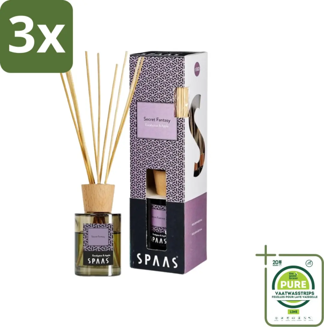 3 x Spaas - Geurstokjes - Secret Fantasy - Eucalyptus En Appel - 80 ml - Grootverpakking - Geurstokjes - Eucalyptus Geur - Appel Geur - Kamergeur - Interieurgeur