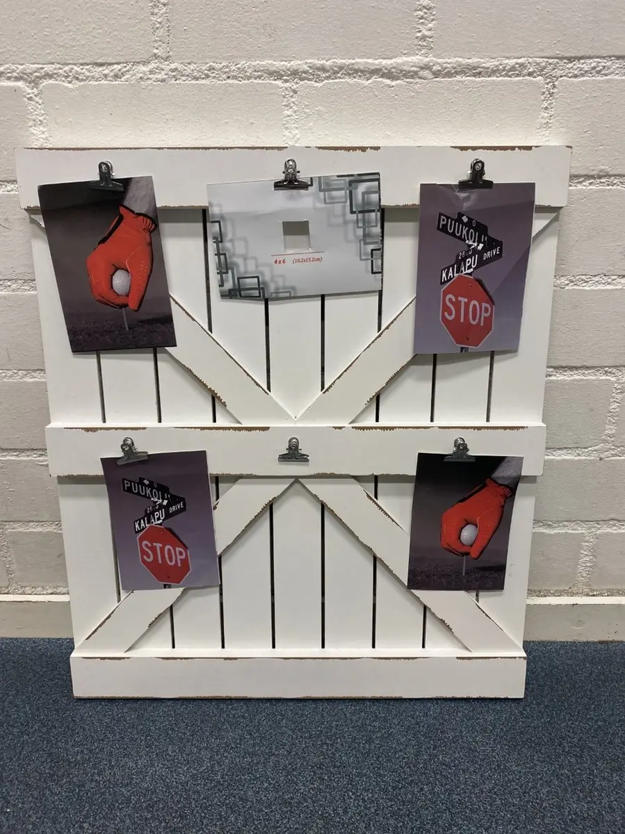 Houten wandbord voor foto's/notities met 6 metalen klemmen