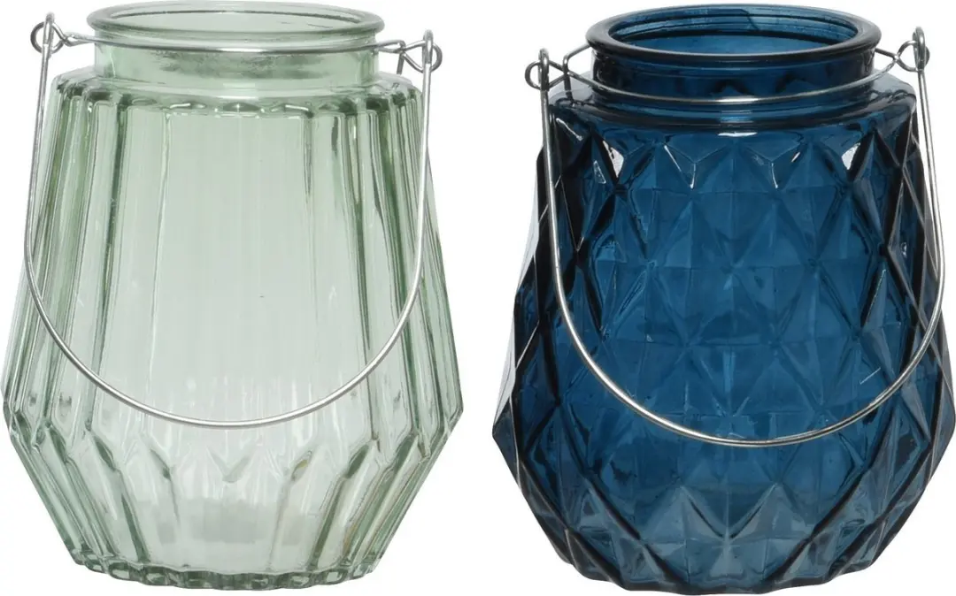 Set van 2x stuks theelichthouders/waxinelichthouders ruit/streep glas donkerblau