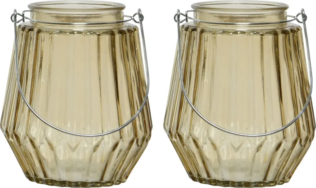 2x stuks theelichthouders/waxinelichthouders streepjes glas taupe met metalen ha