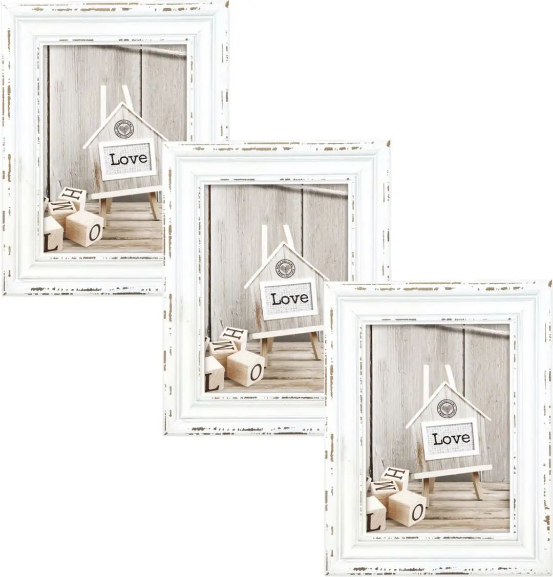 3x stuks houten fotolijst vintage wit met metalen ophangketting geschikt voor ee
