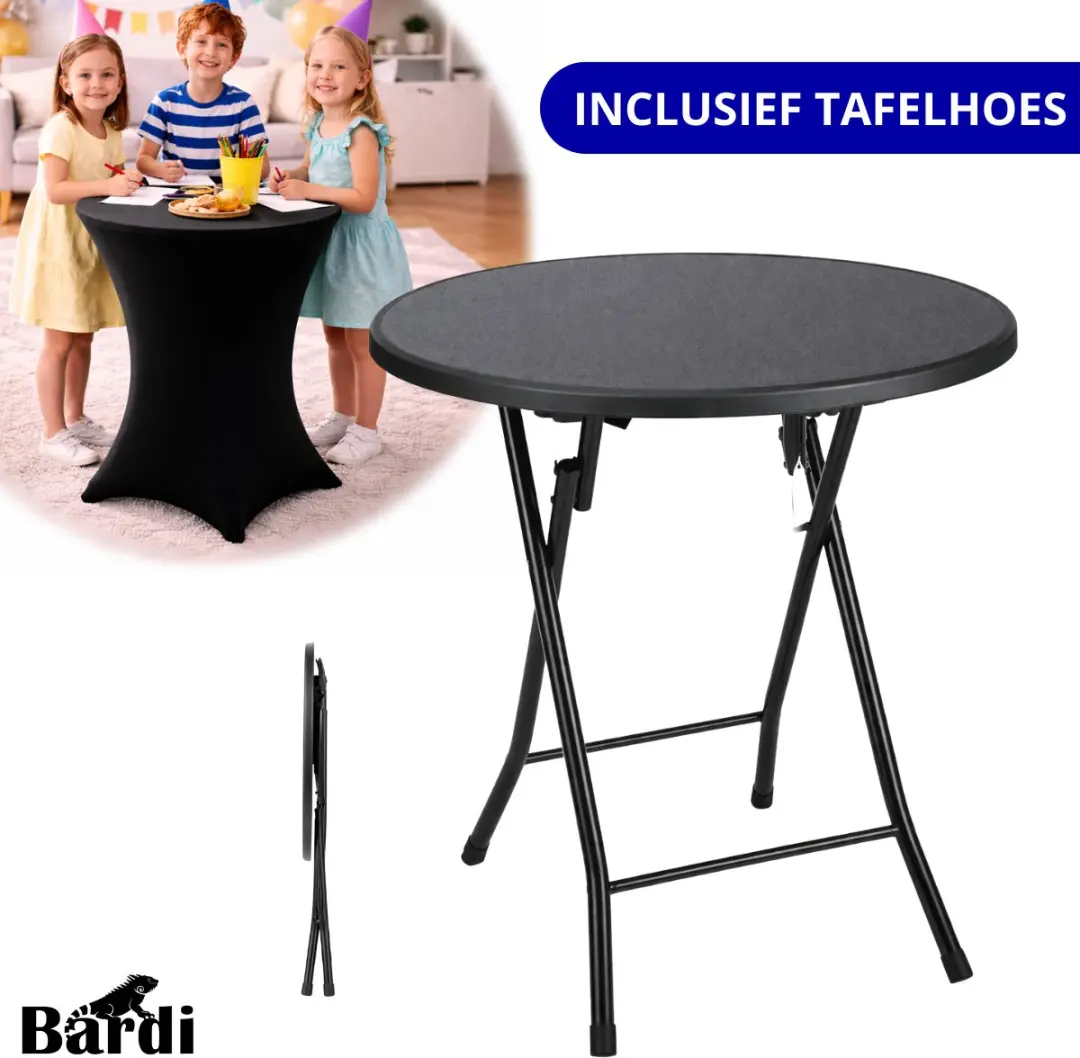 Bardi Statafel Kinderen - Bijzettafel - Inclusief Statafelhoes - Statafelrok - Inklapbaar & Stevige Partytafel - Voor binnen en buiten - 60 x 74cm - Zwart
