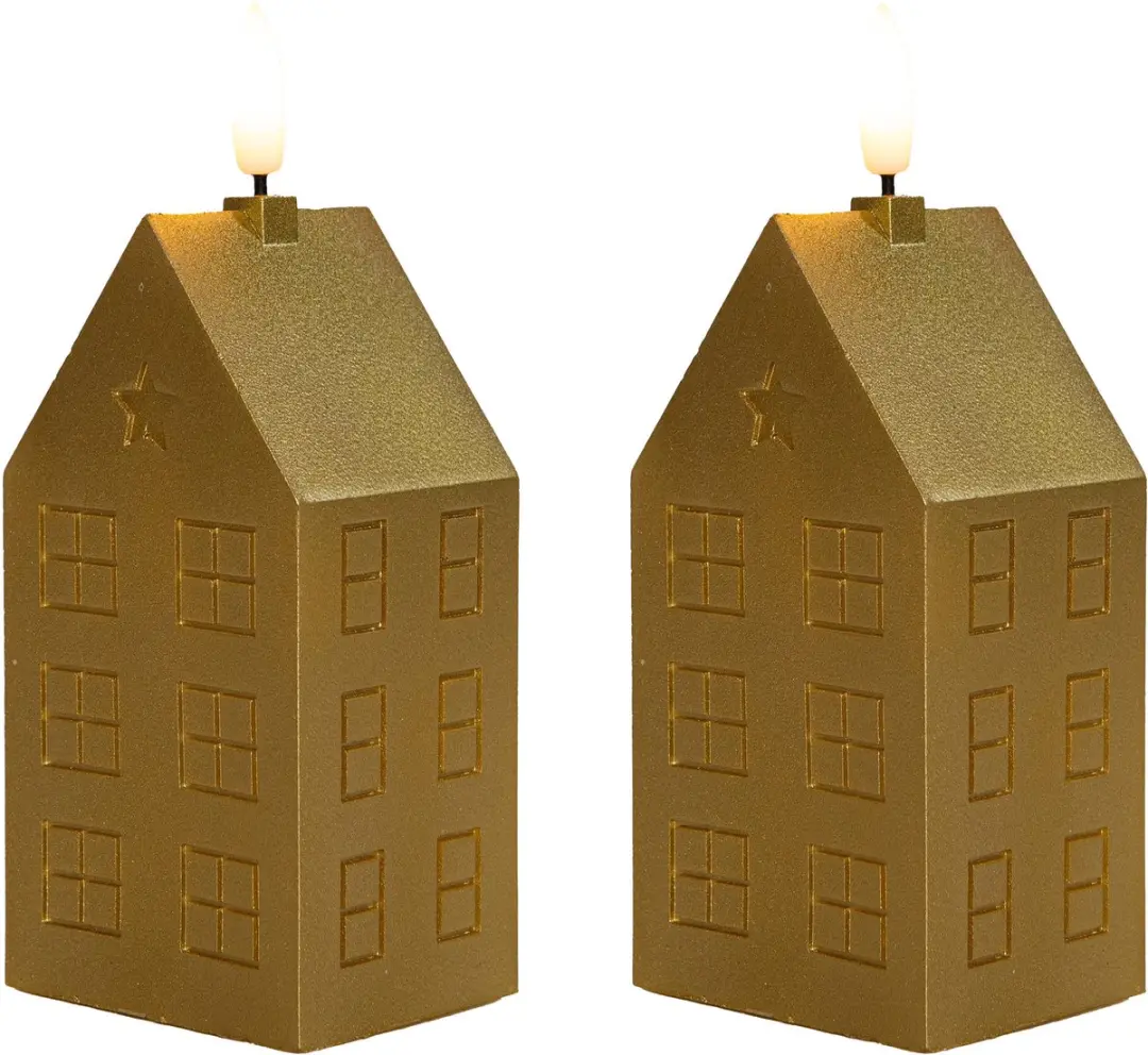 Anna's Collection LED kaars huisje - 2x - goud - H15 cm - met timer - op batterijen - kerst decoratie