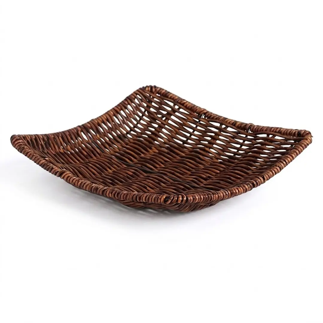 Donkerbruin schaal vierkant gevlochten mand 20,5x20,5x5 cm riet hout opberg schaal decoratieve mand geschikt voor keuken en woonkamer