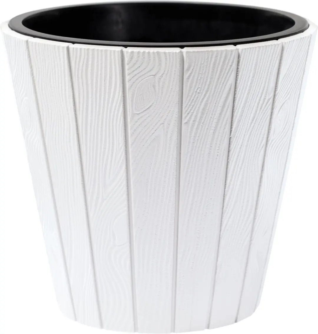 Prosperplast Plantenpot/bloempot Wood Style - buiten/binnen - kunststof - wit - D30 x H28 cm - met binnenpot