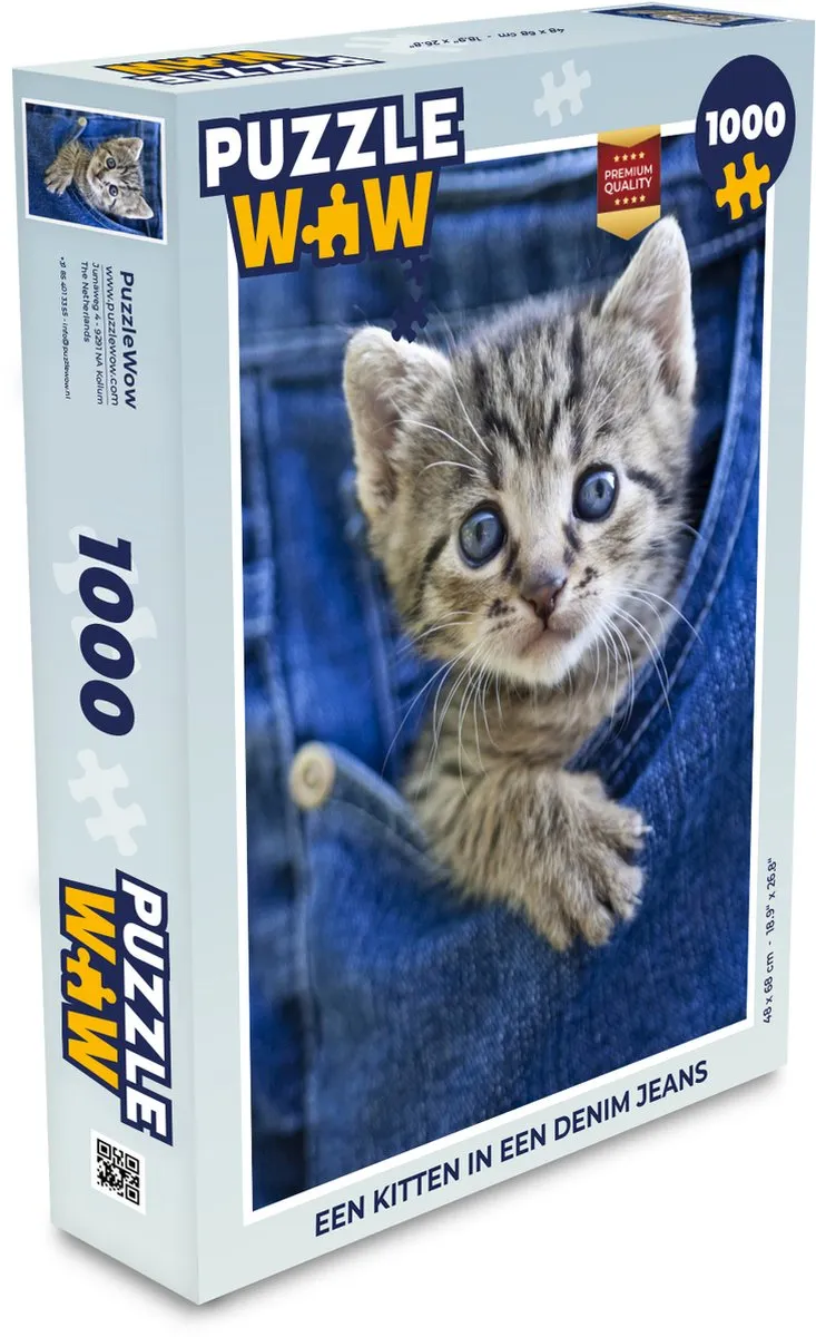 PuzzleWow Legpuzzel Een kitten in een denim jeans 1000 Stuks - Multicolor