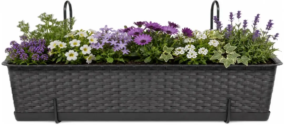 Prosperplast plantenbak Buster - donkerbruin - rechthoek - met twee ophangbeugels - 60 x 17 x 15 cm - kunststof - bloembakken - potten