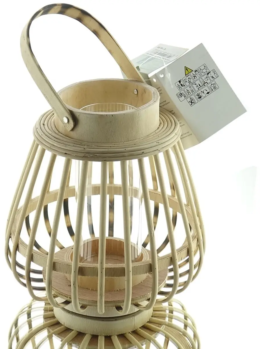Kaemingk bamboe lantaarn beige met glazen inzet 30 cm