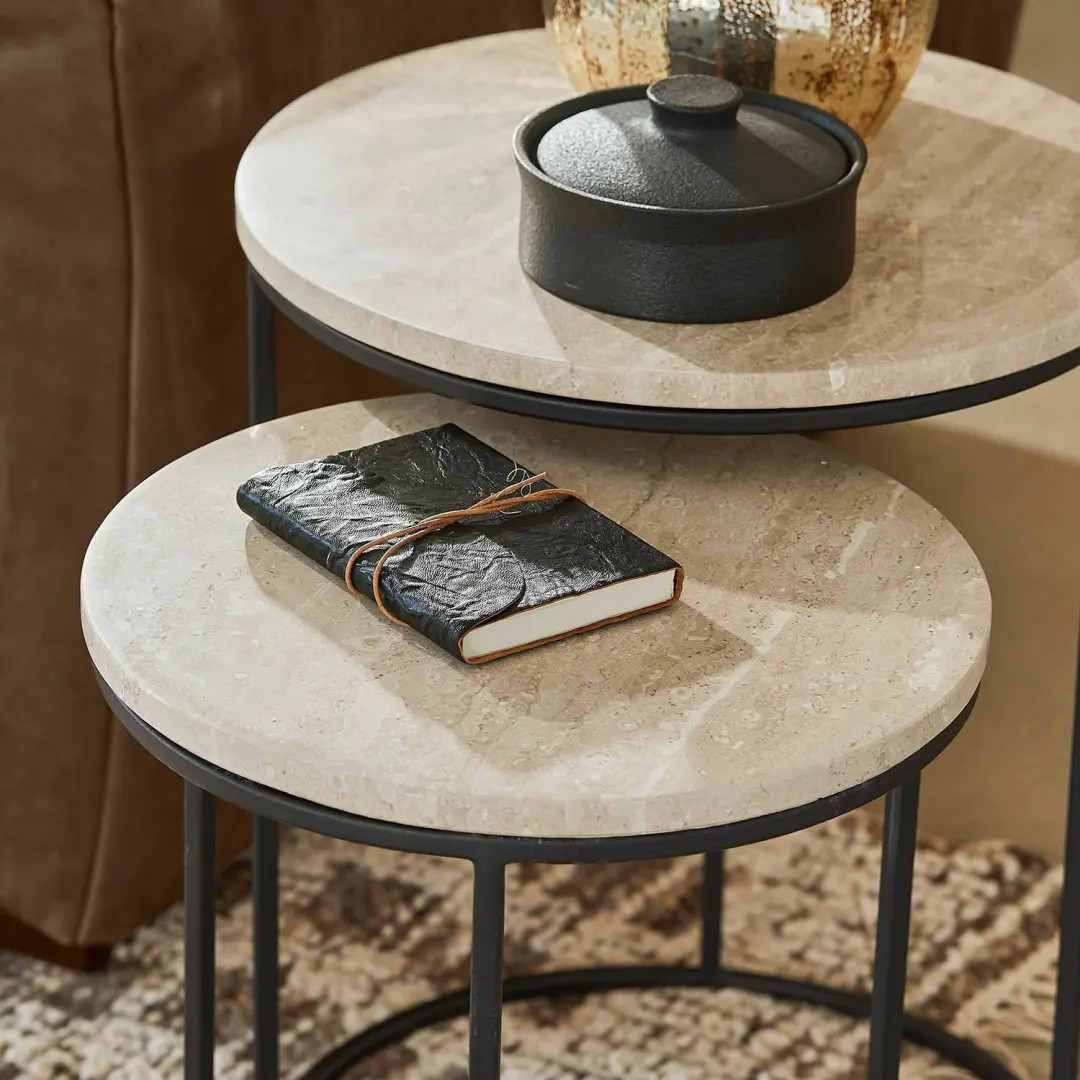 Loberon Émorieux Bijzettafel Set 2 Stuks - Ø40cm Beige/Zwart - afbeelding 4 van 6