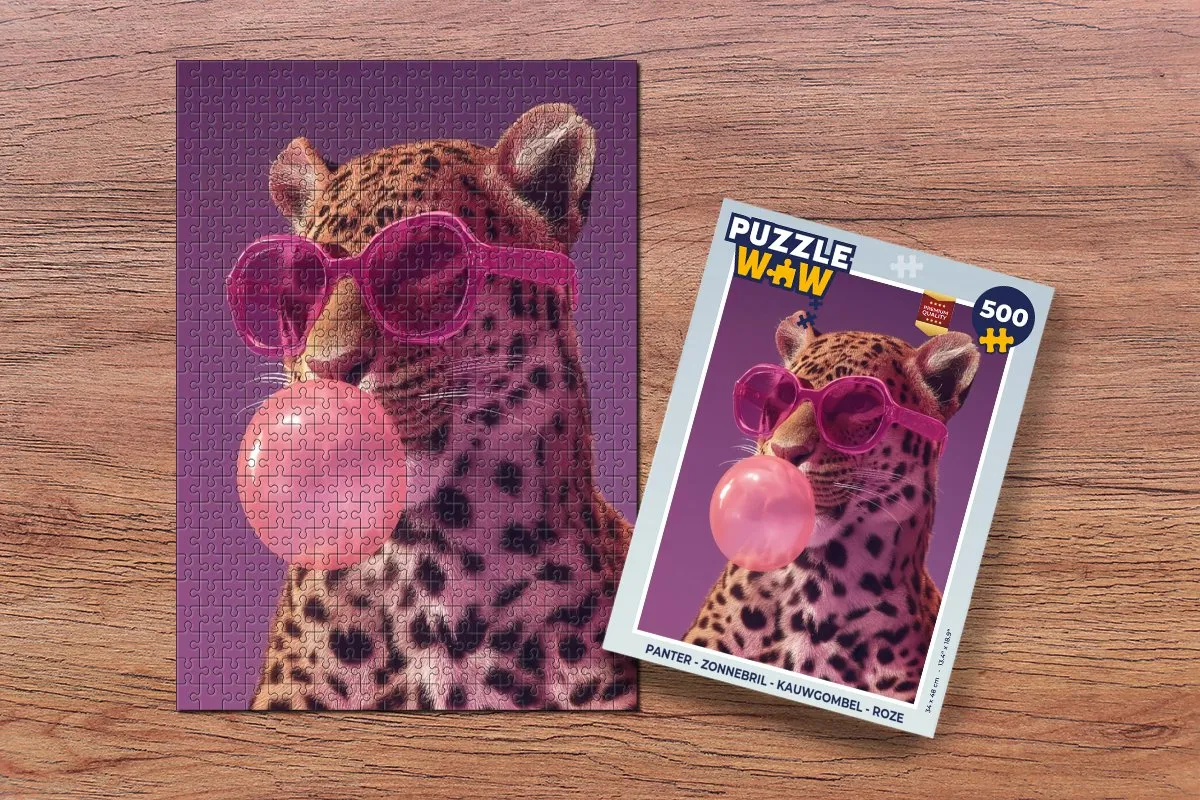 PuzzleWow Panter Zonnebril Legpuzzel 500 Stuks - Roze Kauwgombel