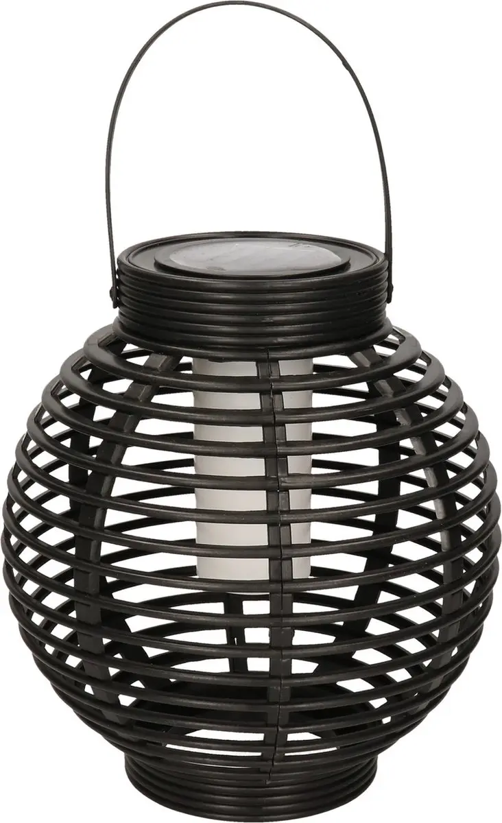 Zwarte ronde solar lantaarn met vlam effect 23 cm - Tuinverlichting - Tuinlampen - Solarlampen op zonne-energie