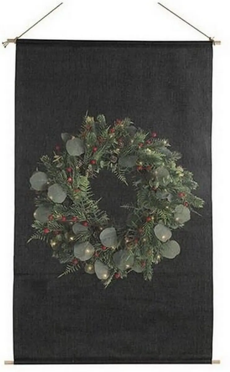 Wandversiering krans LED/ Wanddoek zwart kerstkrans met LED 110 x 66cm Countryfi