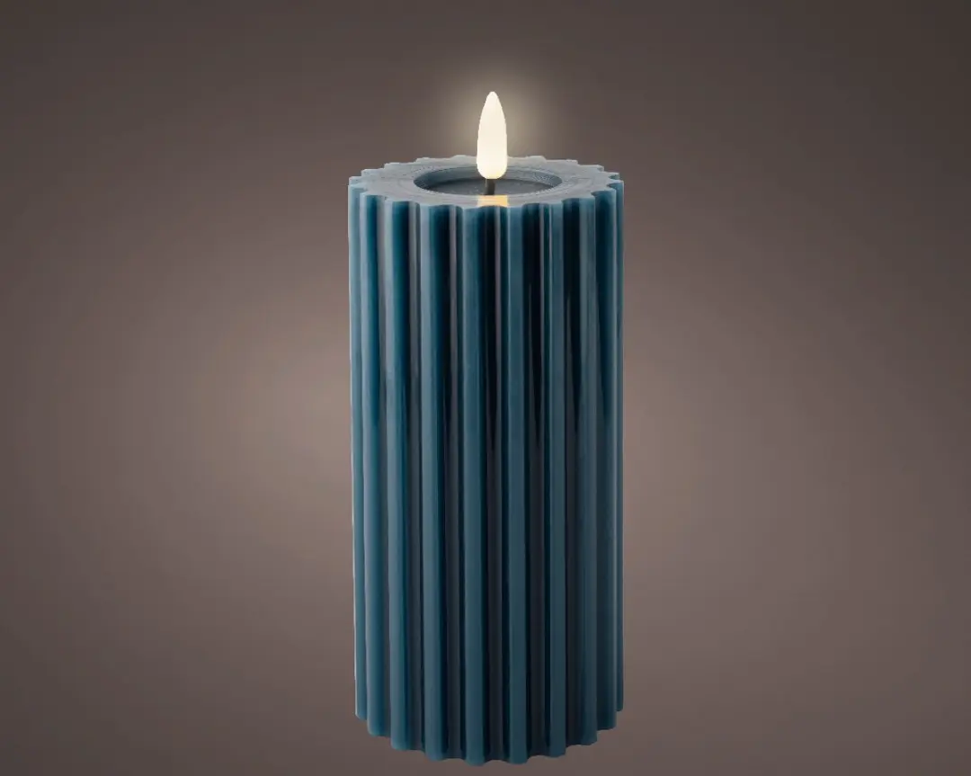LED ribbel kaars donker blauw met vlam-effect ø7,5 x17,3 cm