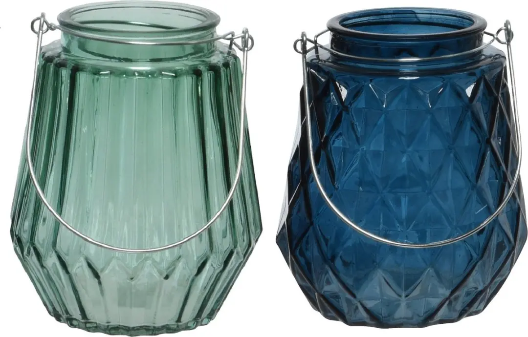 Set van 2x stuks theelichthouders/waxinelichthouders ruit/streep glas zeegroen e