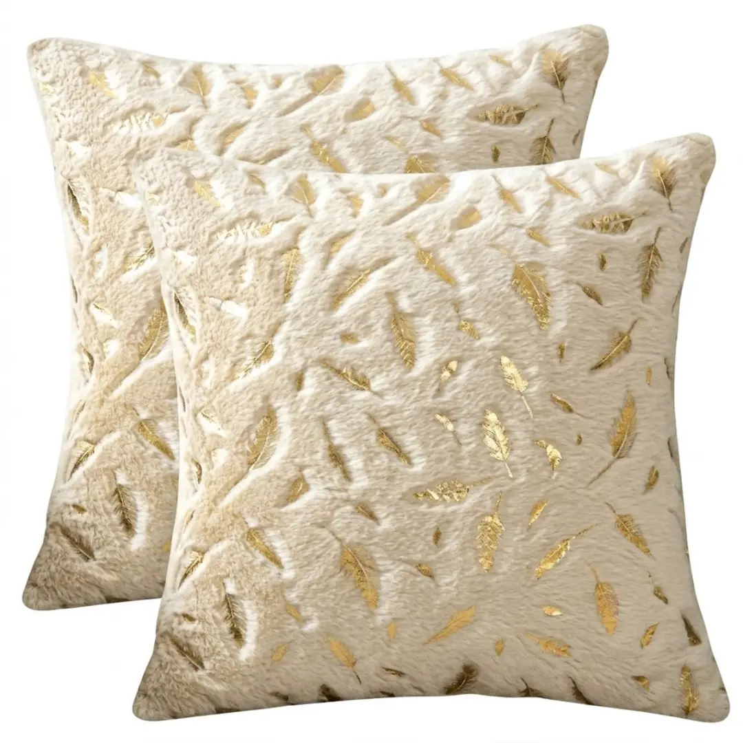 Beige kussen hoezen vierkant 43x43 cm set van 2 stuks dames met veren patroon en