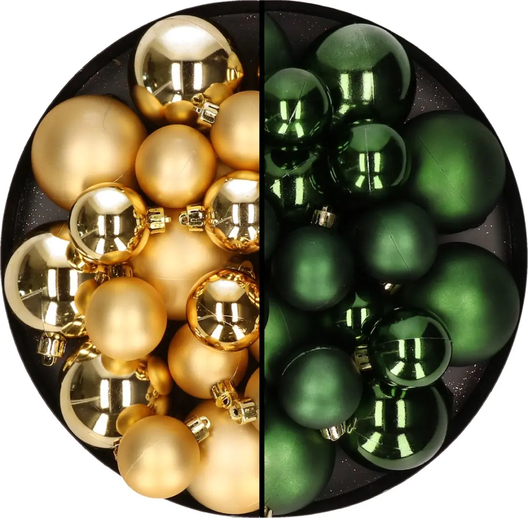Kerstversiering kunststof kerstballen kleuren mix goud/donkergroen 6-8-10 cm pak