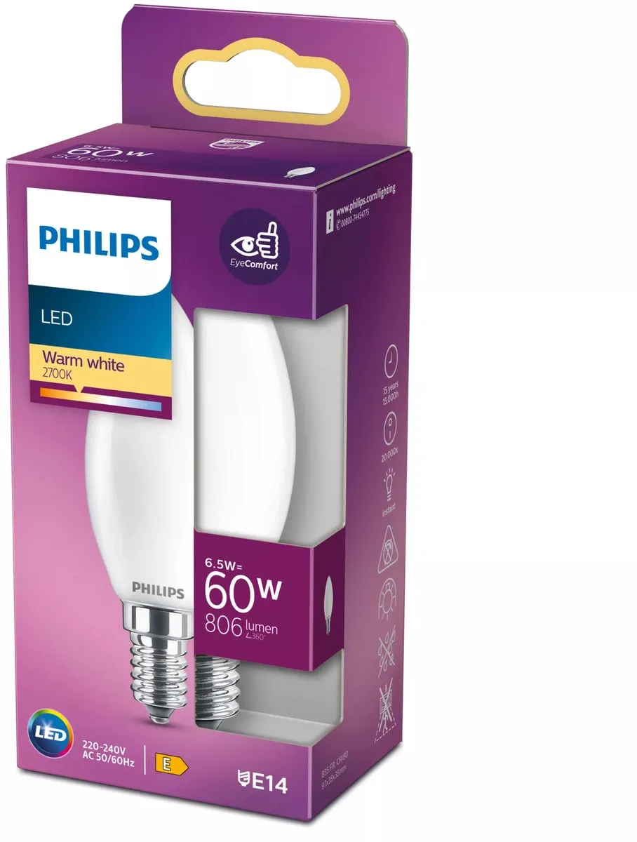 Philips LED Kaarslamp E14 6.5W Warmwit Mat
