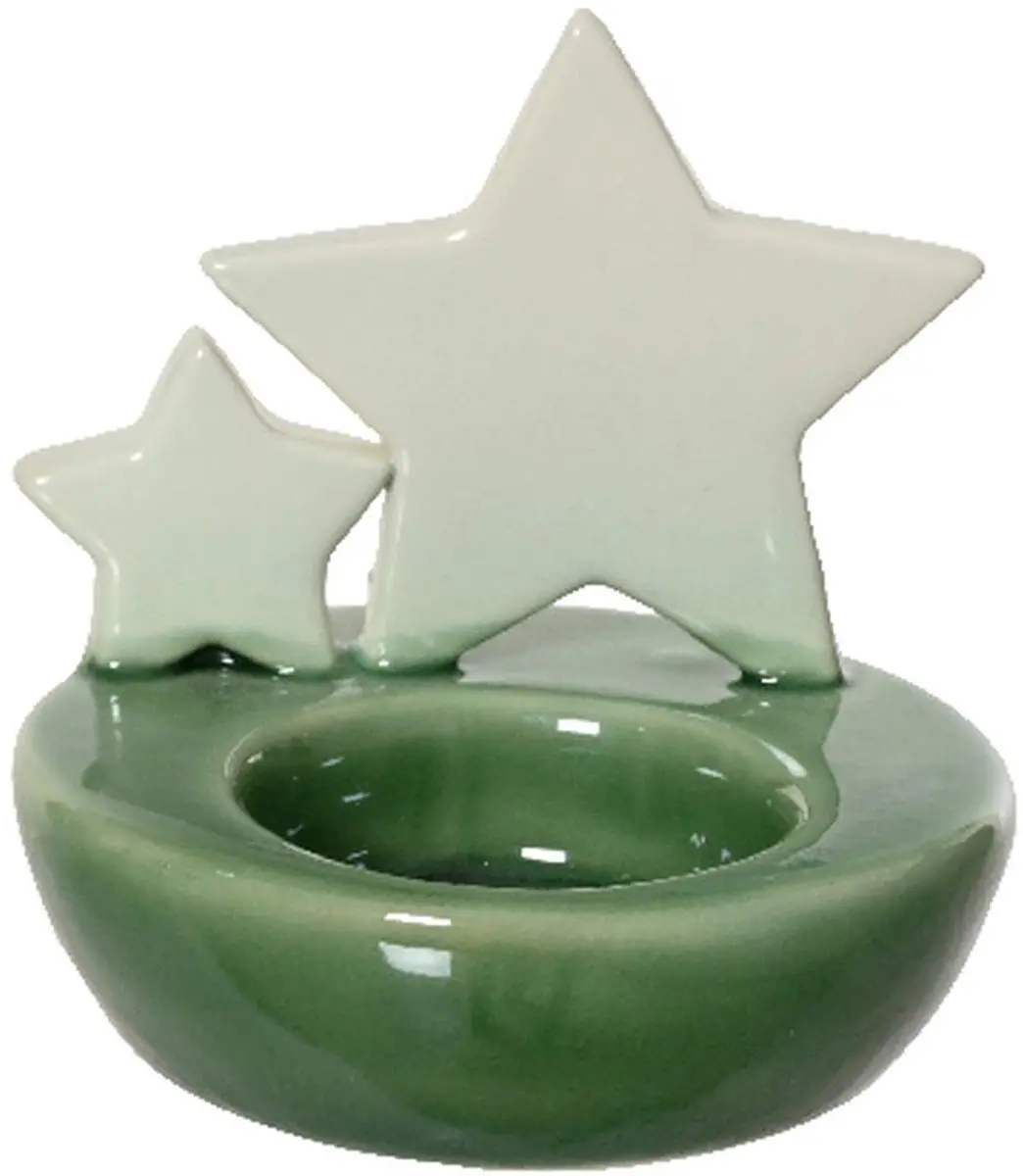 Kaemingk Theelichthouder Sterren Groen-Wit Ø 8,5x9 cm