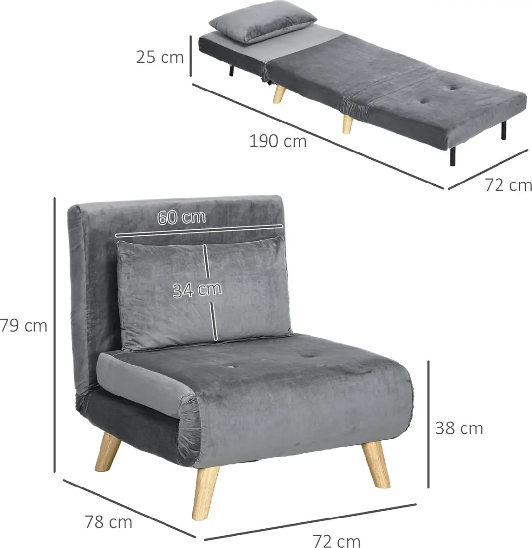 Homcom Slaapfauteuil 72cm - Grijs - afbeelding 4 van 6