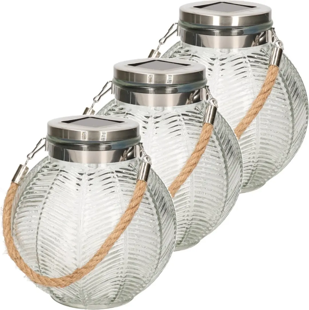 3x stuks transparante solar lantaarn van gestreept glas rond 16 cm