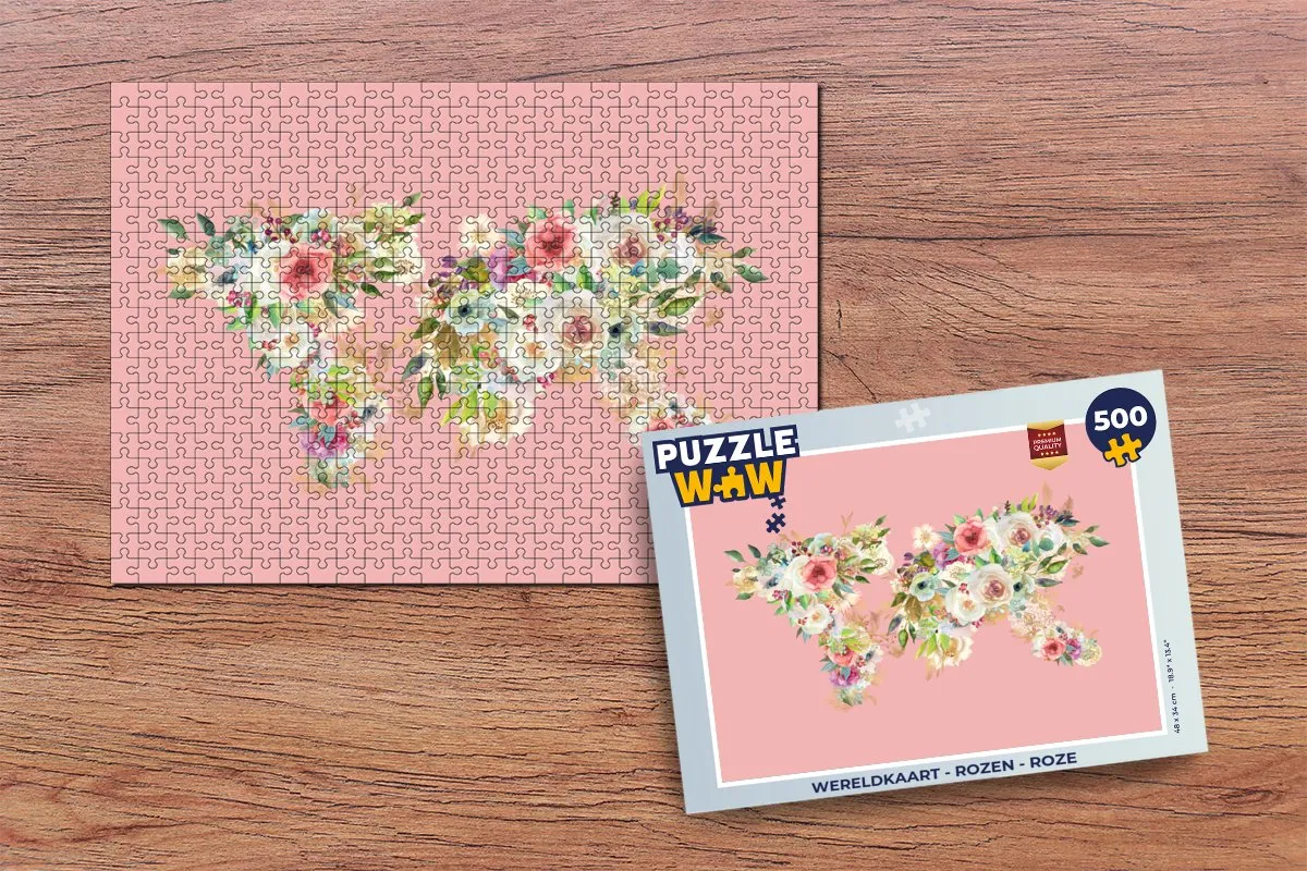 PuzzleWow Wereldkaart Legpuzzel 500 Stuks - Rozenroze