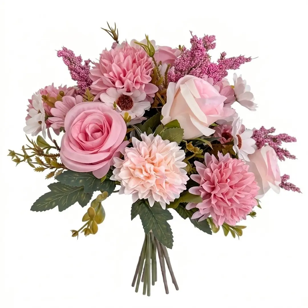 Roze kunstbloemen boeket rozen en gemengde bloemen kunstbloemen decoratie voor i