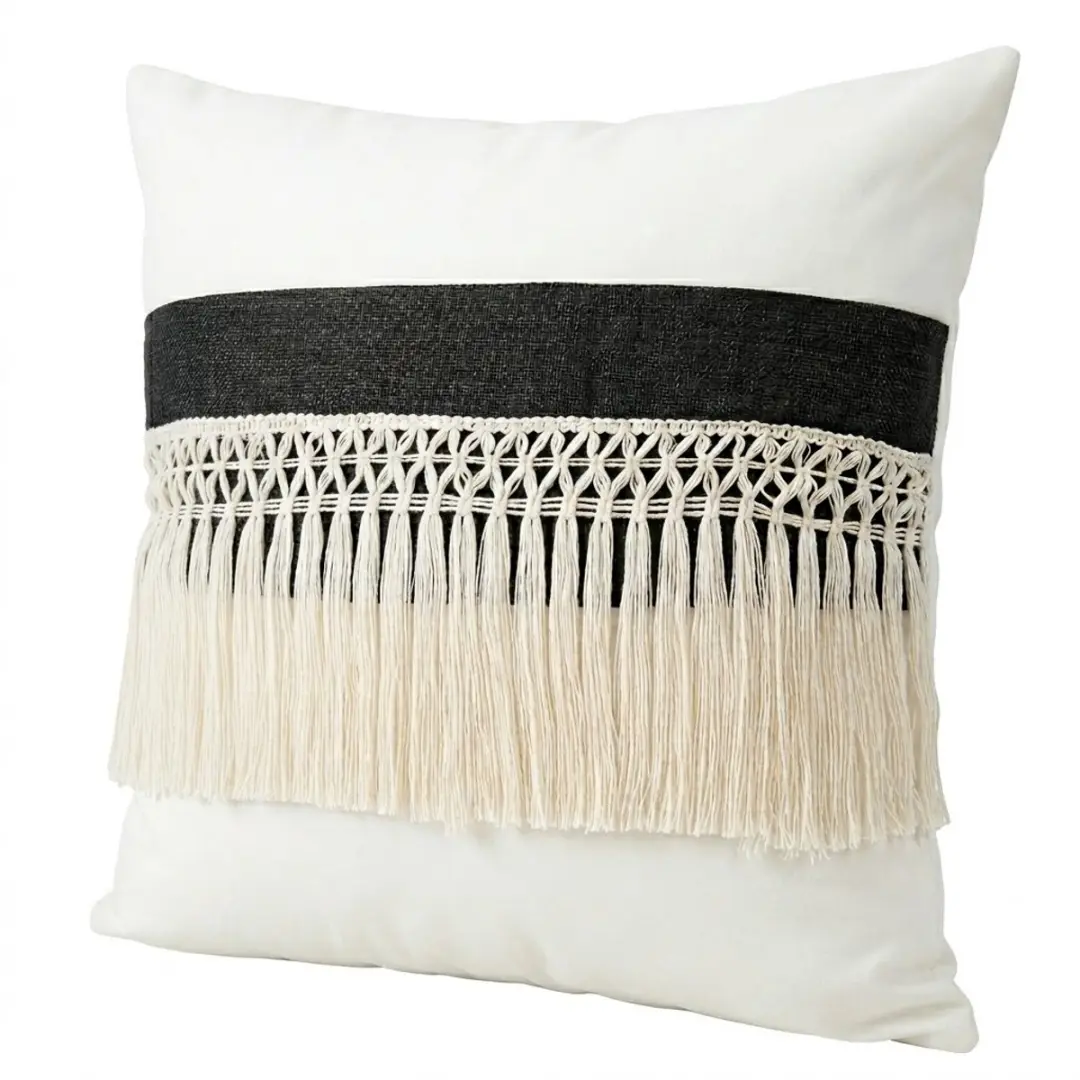 Zwart wit kussen hoesje 45 x 45 cm vierkant polyester kussenhoezen met franjes e