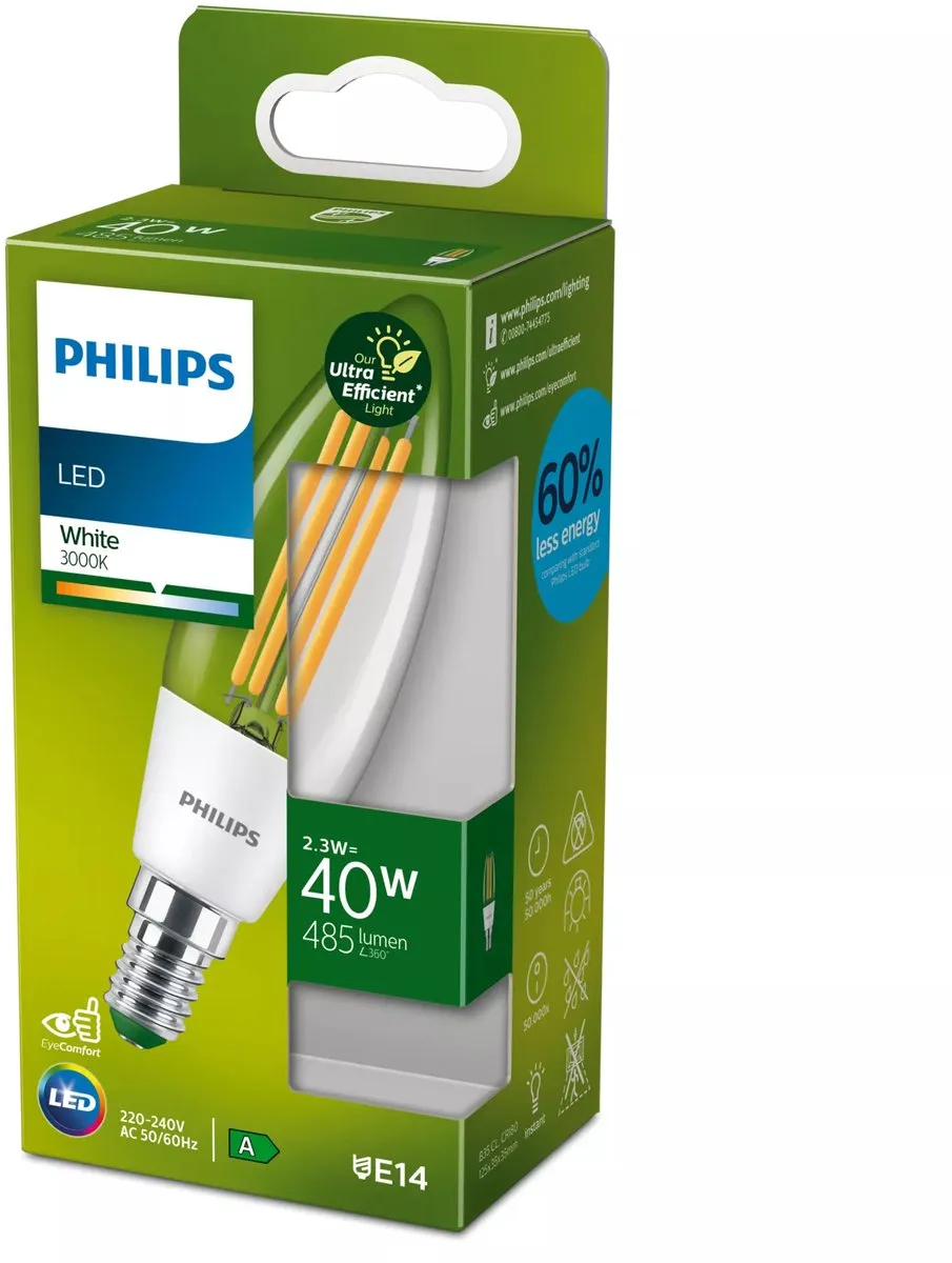 Philips Ultra Efficient LED Kaarslamp E14 2.3W Wit