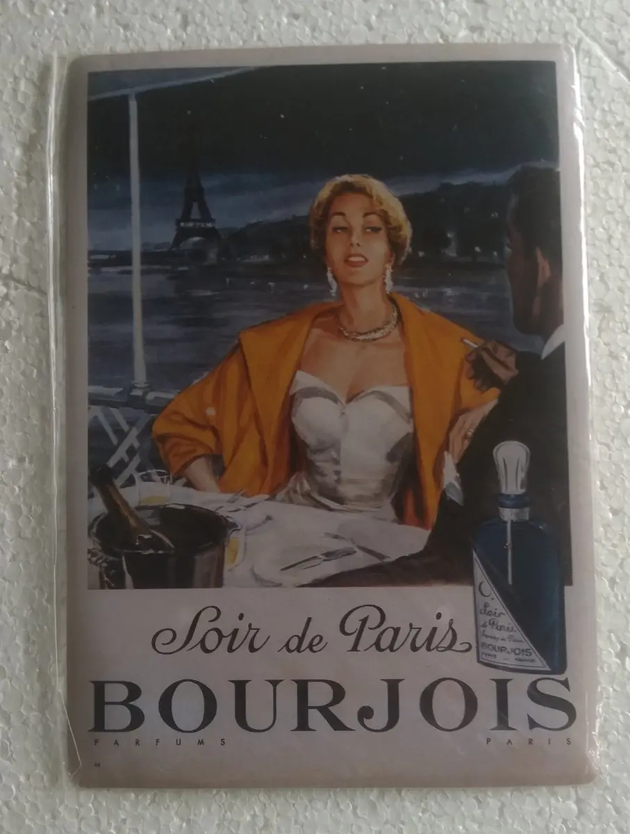 metalen ansichtkaart Soir de Paris Bourjois champagne 15 x 21 cm