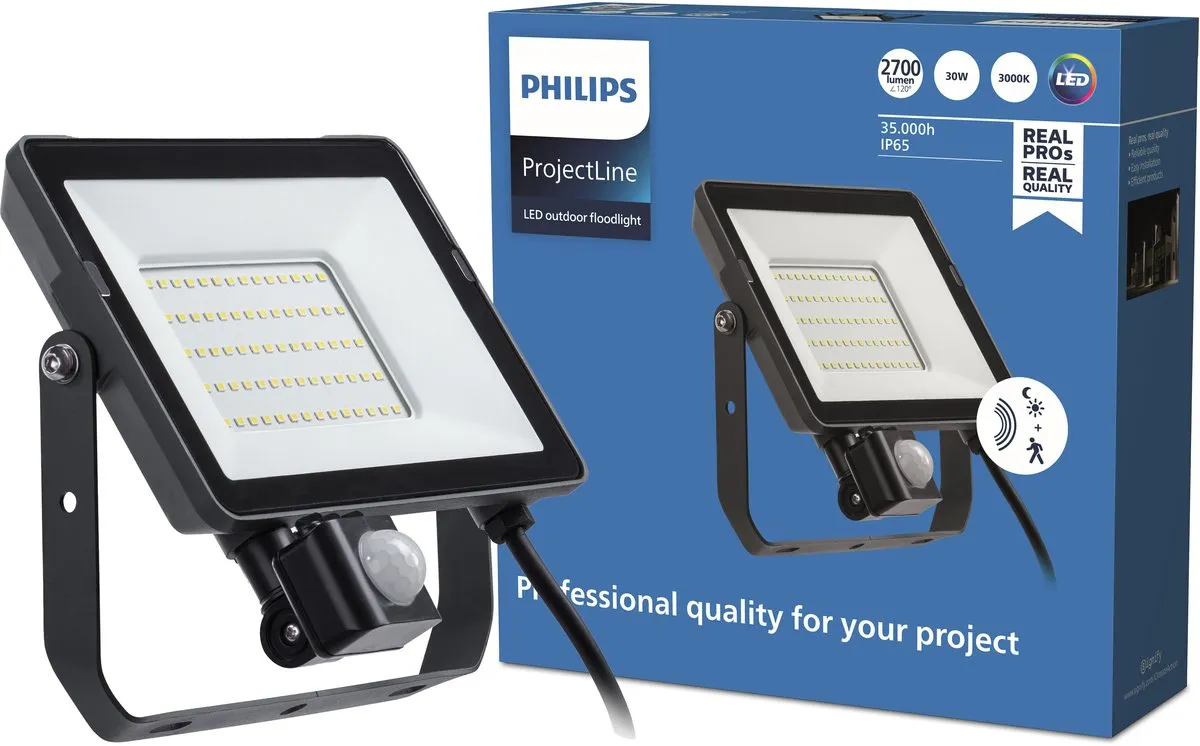 Philips ProjectLine Schijnwerper 30W Warmwit - Sensor - Zwart