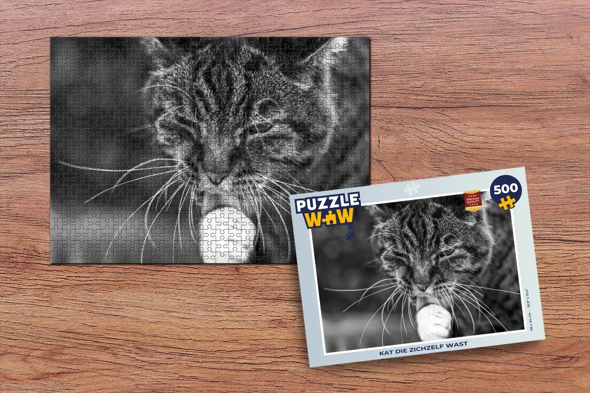 PuzzleWow Legpuzzel Kat die zichzelf wast 500 Stuks - Multicolor