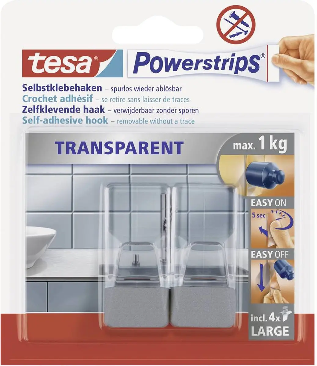 Tesa Powerstrips Zelfklevende Haak Large Transparant/Chroom - 2 Stuks - afbeelding 4 van 4