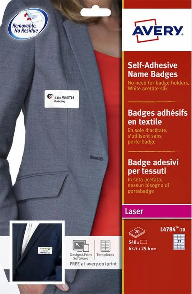 Naambadge etiket avery l4784-20 63.5x29.6mm 540st