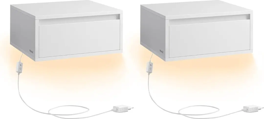 Nachtkastje Hangend Set van 2, Licht met 3 Kleuren, Zwevende Wandplank, Lade, 35