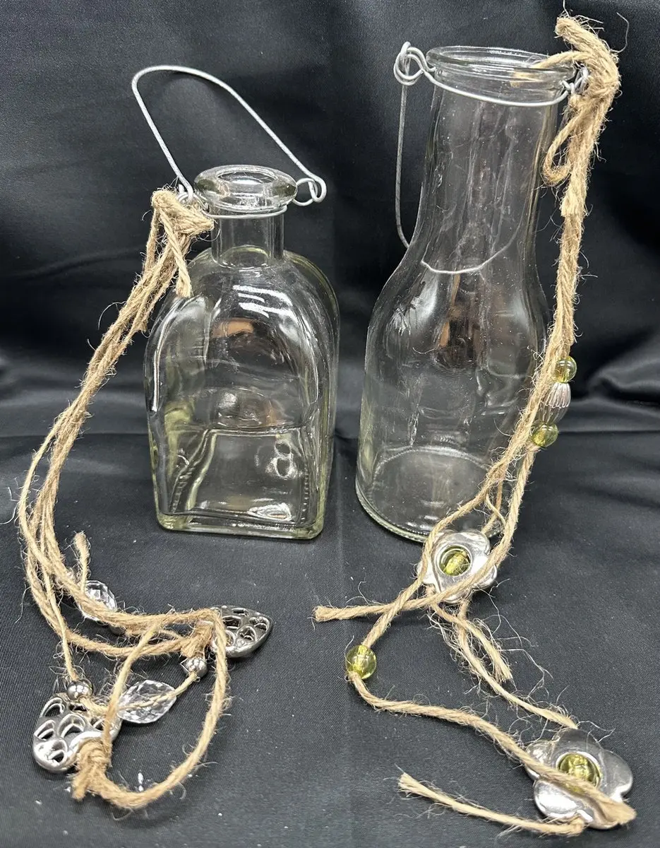 Glazen deco vaasjes met touw en steentjes/kraaltjes