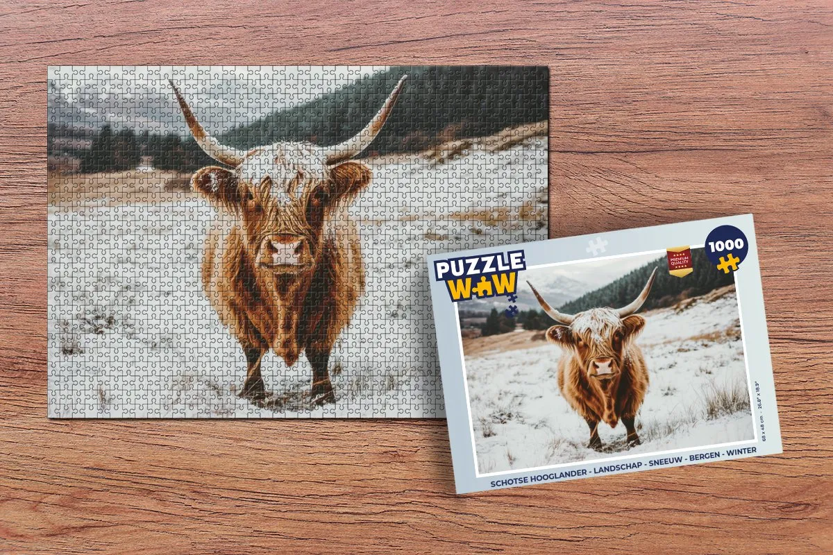 PuzzleWow Schotse Hooglander Legpuzzel 1000 Stuks - Sneeuw