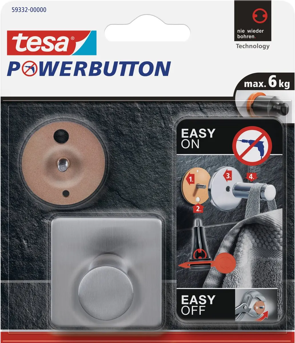 2x Tesa Powerbutton chroom vierkante haken large