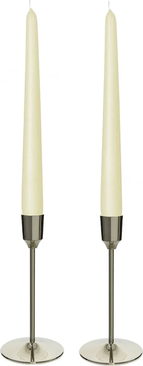 Kandelaars 2x aluminium zilver 20 cm met 12x dinerkaarsen ivoor wit