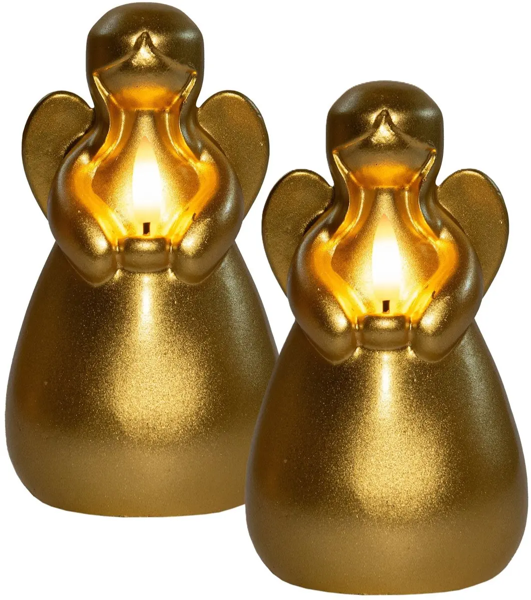 Anna's Collection LED kaars engel - 2x - goud - 14 x 8 cm - met timer - op batterijen - kerst - kerstkaarsen