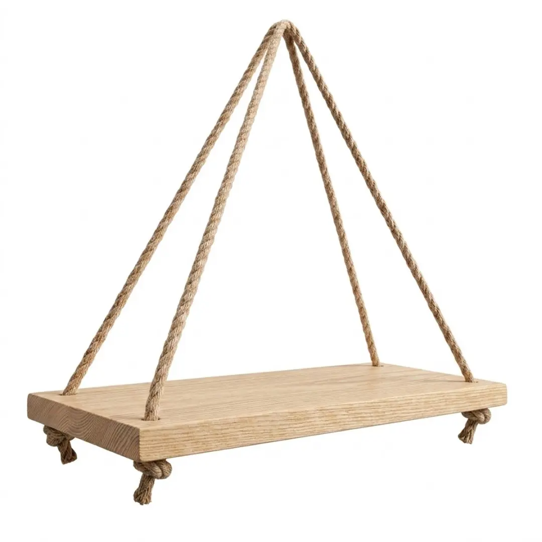 Beige houten wand plank hangend met touw ophanging zwevende plank rustieke wandd