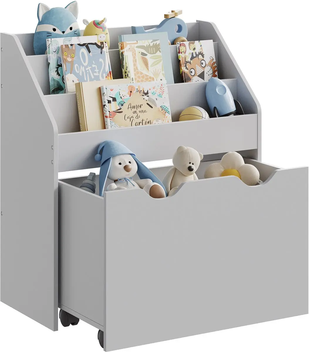 SONGMICS - Kinderboekenkast - Met 3 Planken - Opbergbox op Wielen - Multifunctioneel voor Woonkamer en Kantoor