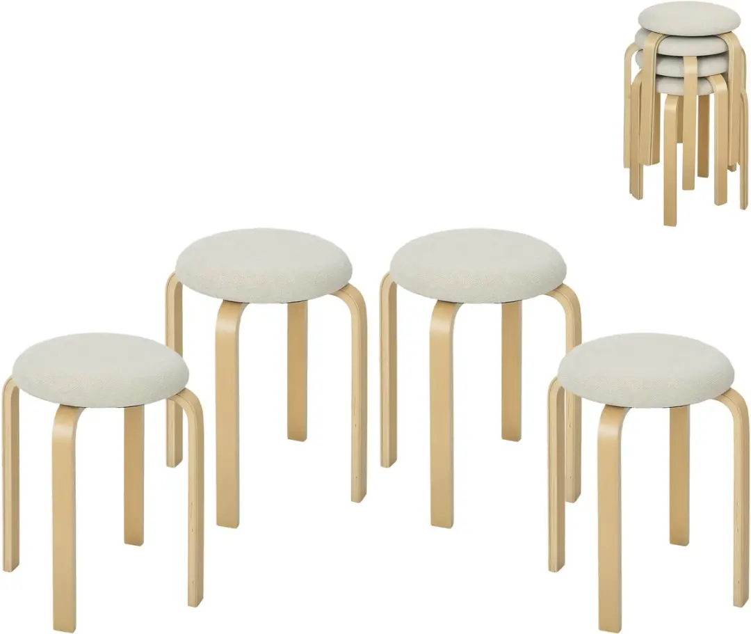 HOMCOM-Esszimmerhocker-Holzwerkstoff, Polyester-40L x 40B x 45H cm-Cremeweiß
