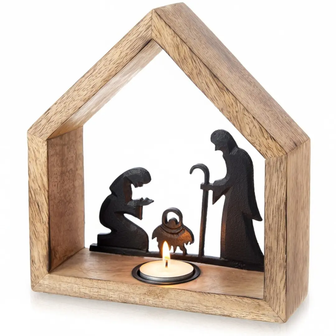 Kandelaar Houten voor Waxinelichtje Kerststal MANGO 20x6x22 cm