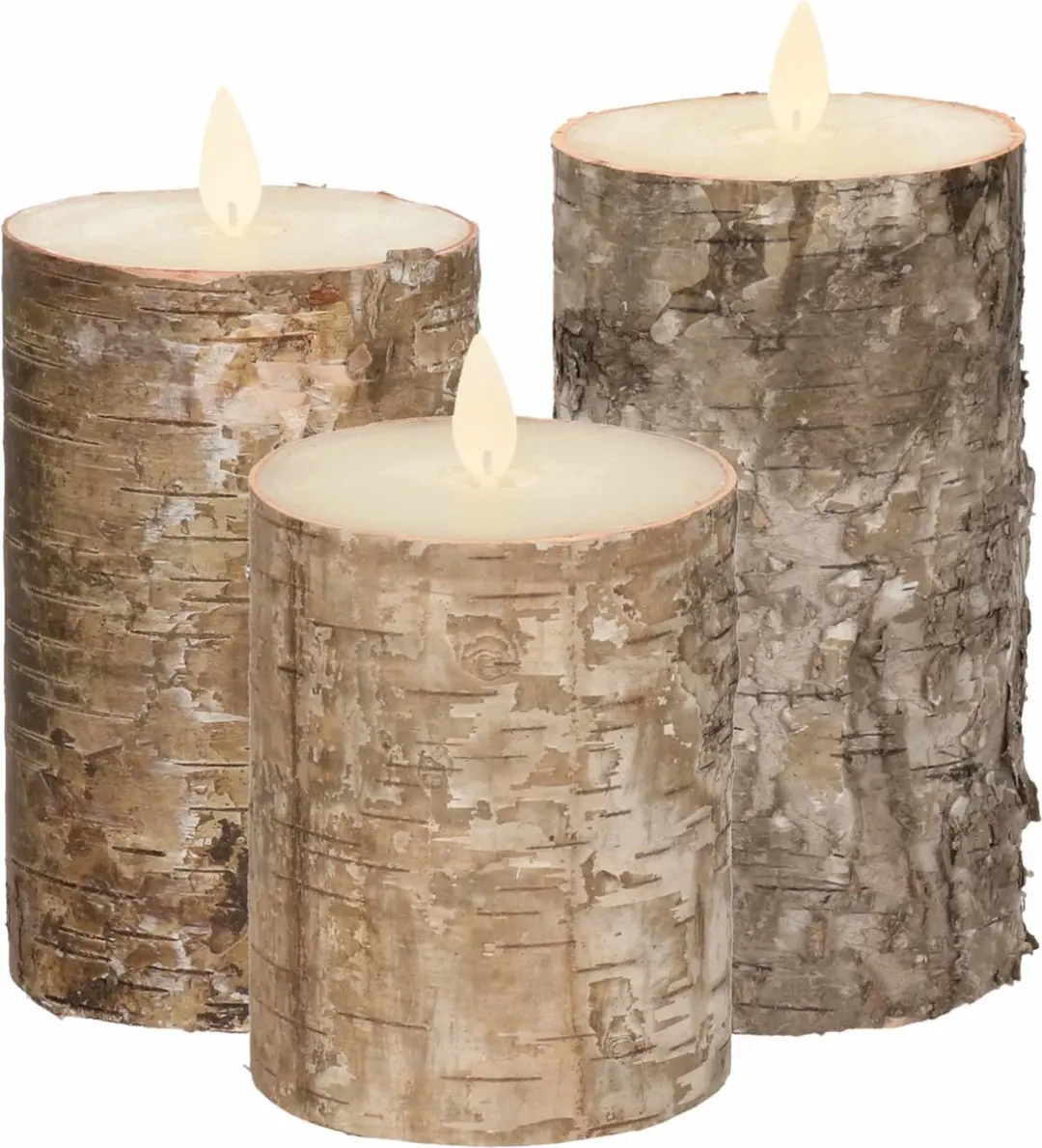 Set van 3x stuks Bruin berkenhout Led kaarsen met bewegende vlam