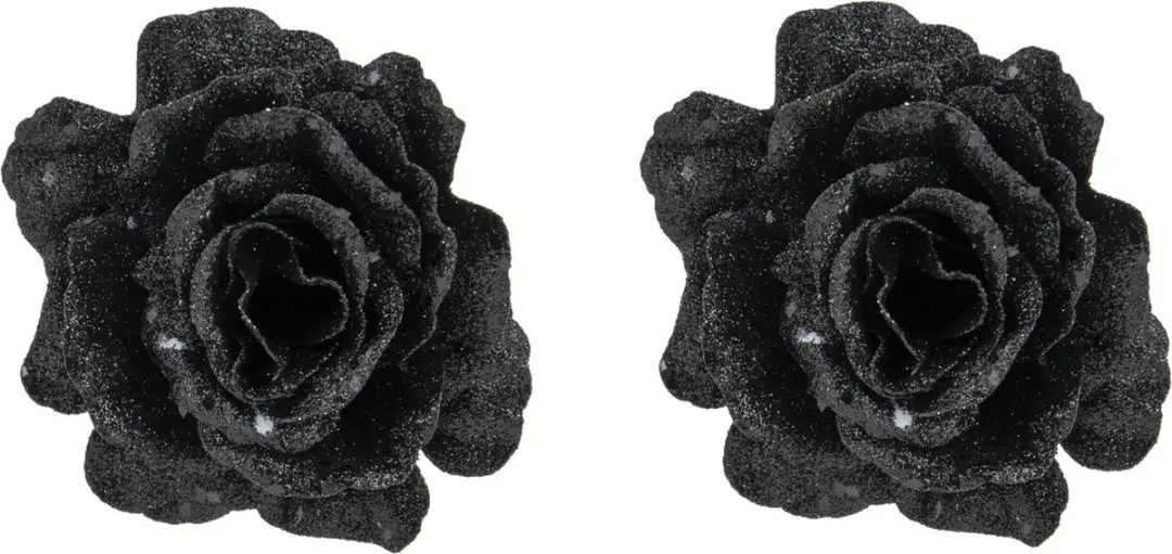 2x stuks decoratie bloemen roos zwart glitter op clip 10 cm