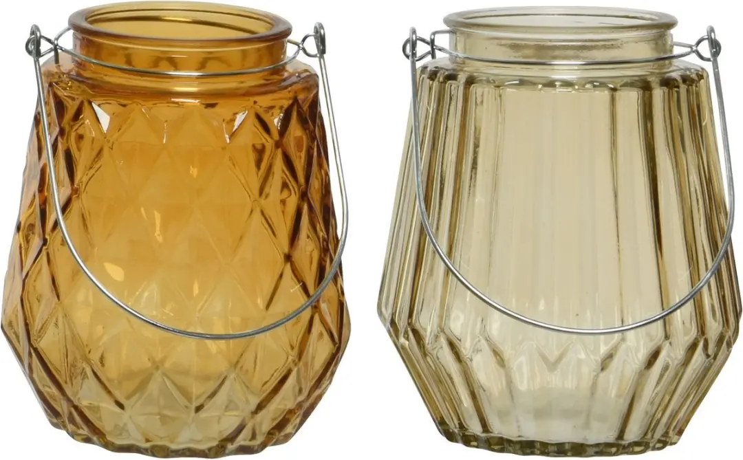 Set van 2x stuks theelichthouders/waxinelichthouders ruit/streep glas cognac/ora