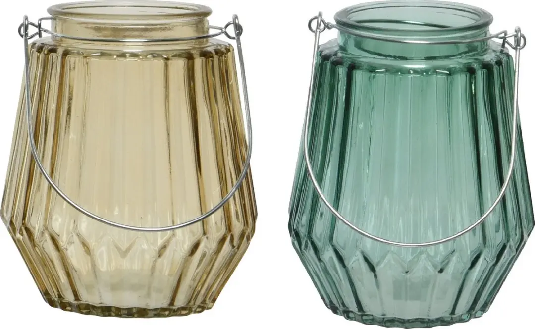 Set van 2x stuks theelichthouders/waxinelichthouders streep glas taupe en zeegro