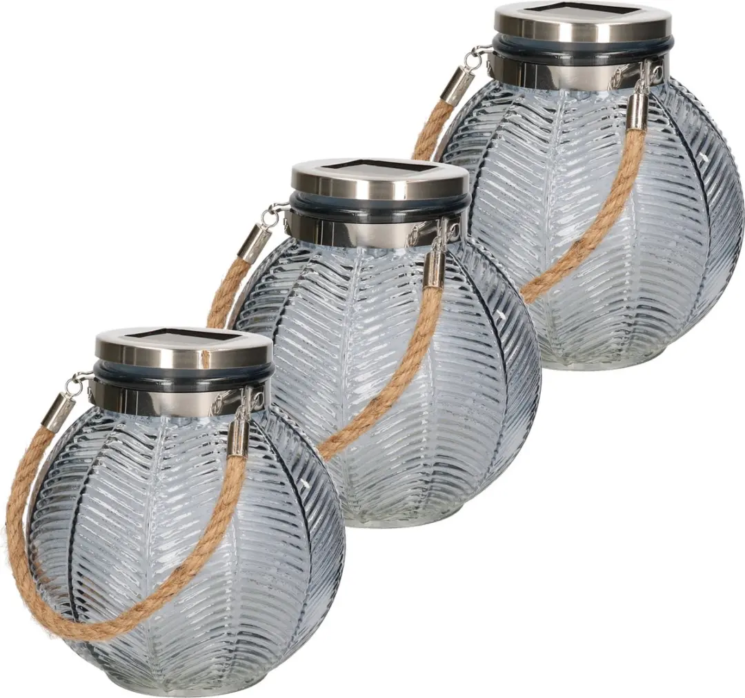 3x stuks grijze solar lantaarn van gestreept glas rond 16 cm