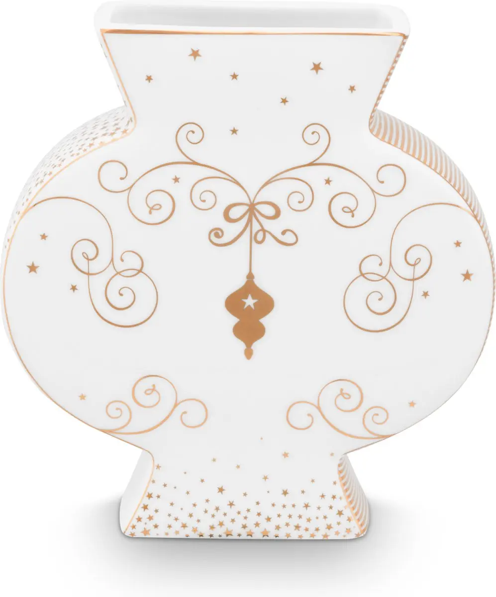 Pip Studio Royal Winter White Vaas Plat Wit met gouden krullen Hoogte: 16cm Kerst Vaas