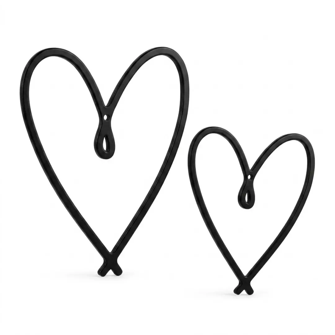 Zwart metalen wanddecoratie hart vorm wandbord set 2 stuks minimalistisch lijn k